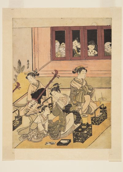 Obserwatorzy i obserwowani (kolorowy drzeworyt) autorstwa Suzuki Harunobu
