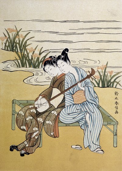 The shamisen: para grająca na shamisen (lub samisen: lutnia z długim rękawem i trzema strunami) – autorstwa Harunobou, w „Japan artistique””, lipiec 1890 autorstwa Suzuki Harunobu