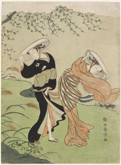 Dwie kobiety w silnym wietrze, c. 1767 autorstwa Suzuki Harunobu