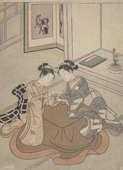 Dwie młode kobiety siedzące przy kotatsu bawiącym się w kociej kołysce, ca. 1765 r., ok. 1765 r. 1765. autorstwa Suzuki Harunobu