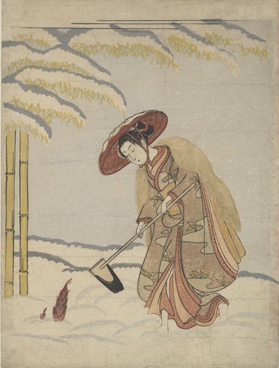 Kobieta kopiąca pędy bambusa w śniegu, czyli parodia Meng Zong Moso, z dwudziestego pierwszego roku, ca. 1765. autorstwa Suzuki Harunobu