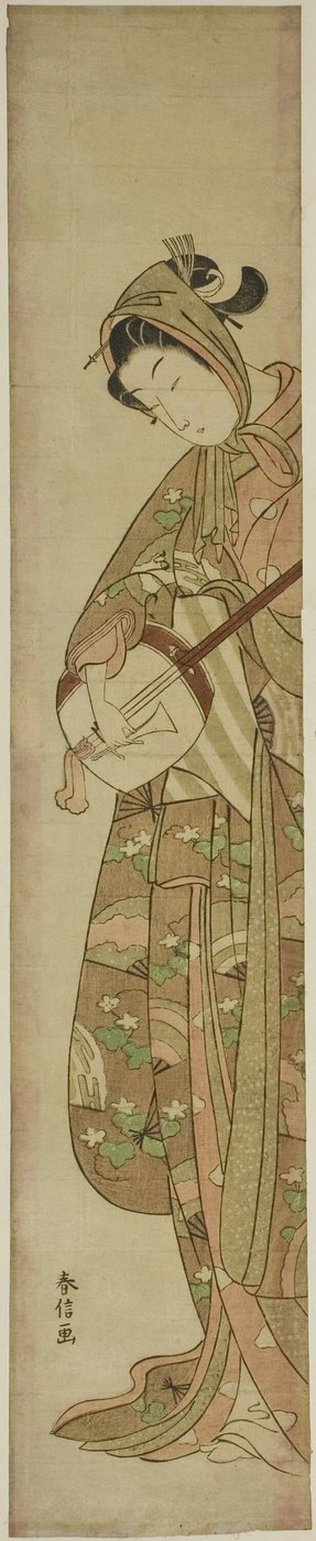 Kobieta grająca Shamisen autorstwa Suzuki Harunobu