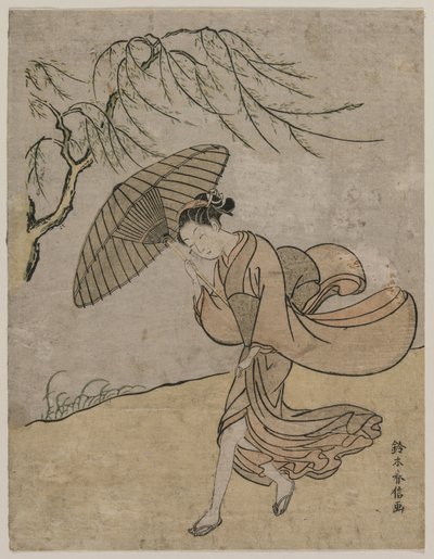 Kobieta biegnąca obok wierzby na wietrze, 1766 lub 1767. autorstwa Suzuki Harunobu