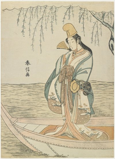 Kobieta w łodzi Asazuma w przebraniu Shirabyo_shi, c. 1767 autorstwa Suzuki Harunobu