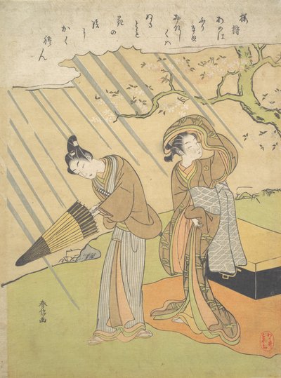 Młody mężczyzna i kobieta w deszczu podczas rozkoszowania się kwiatami wiśni Sakura-gari..., ca. 1768-70. autorstwa Suzuki Harunobu