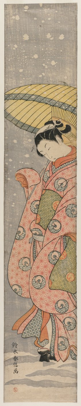 Młoda kobieta stojąca pod parasolem na śniegu, 1767-1768. autorstwa Suzuki Harunobu
