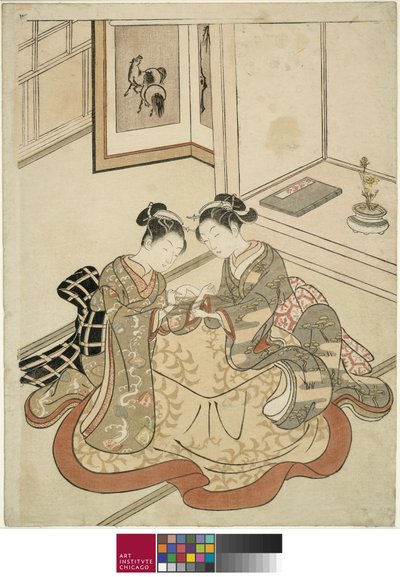 Młode kobiety bawiące się w kociej kołysce, c.1767-68 autorstwa Suzuki Harunobu