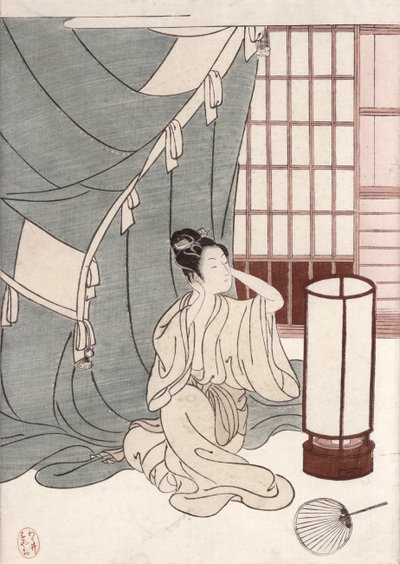 Młoda kobieta klęczy przy swojej moskitierze, 1766 (kolorowy drzeworyt) autorstwa Suzuki Harunobu