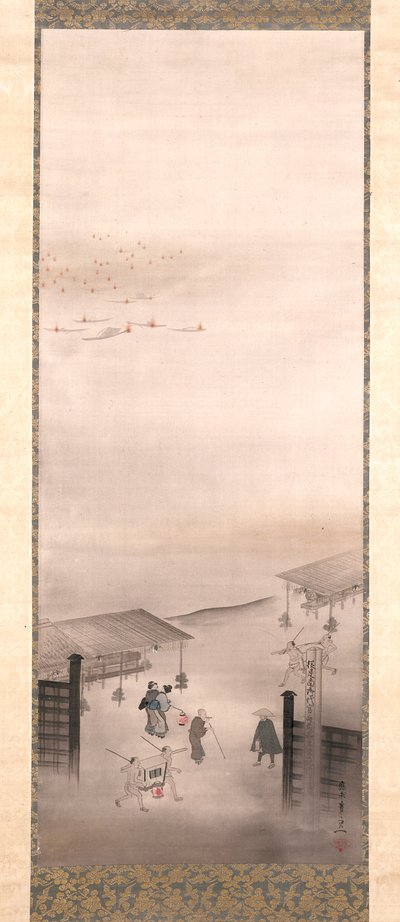 Yoshiwara And Shinagawa (atrament, kolor i złoto na jedwabiu) autorstwa Suzuki Kiitsu