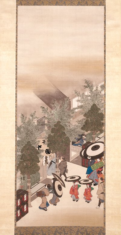 Yoshiwara And Shinagawa (atrament, kolor i złoto na jedwabiu) autorstwa Suzuki Kiitsu