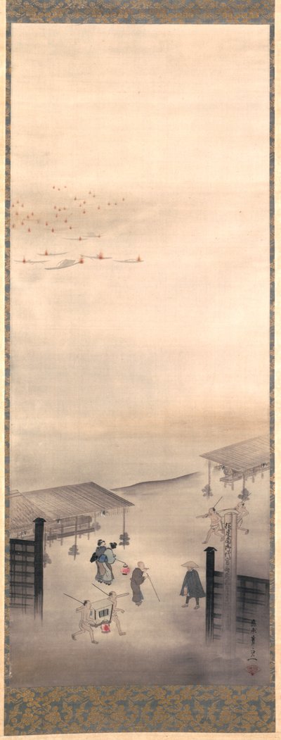 Yoshiwara i Shinagawa, okres Edo (atrament, kolor i złoto na jedwabiu) autorstwa Suzuki Kiitsu
