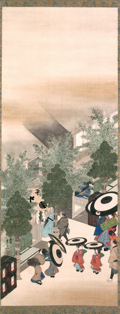 Yoshiwara i Shinagawa, okres Edo (atrament, kolor i złoto na jedwabiu) autorstwa Suzuki Kiitsu