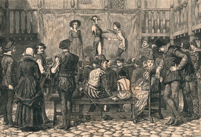 Sztuka w londyńskim dziedzińcu gospody, w czasach królowej Elżbiety, ok. 1873 r. autorstwa Swain