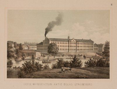 Przędzalnia bawełny, Stromsbro, Szwecja, ok. 1840 (kolor lito) autorstwa Swedish School