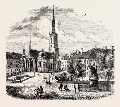 Kościół Riddarholmen, Riddarholmskyrka, Sztokholm, Szwecja (rycina) autorstwa Swedish School