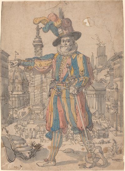 Giovanni Grosso z Gwardii Szwajcarskiej stojący przed widokiem na Rzym autorstwa Swiss 17th Century after Francesco Villamena