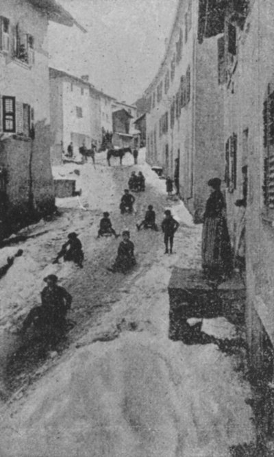 Ulica w Liddes zimą, Route du Grand Saint-Bernard (zdjęcie czarno-białe) autorstwa Swiss Photographer