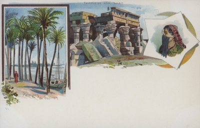 Sceny egipskie: palmy nad brzegiem Nilu w Gezira, Kairze i świątynia Kom Ombo (chromolitho) autorstwa Swiss School