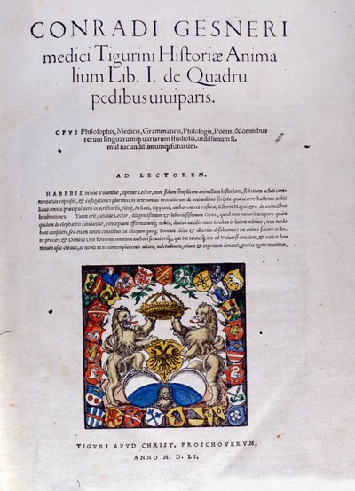 Frontyspis „Historia Animalium” Conrada Gesnera autorstwa Swiss School