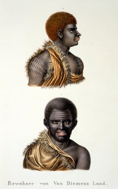 Mieszkańcy Ziemi Van Diemena, czyli tzw. Tasmania, z Etnologicznego Studium różnych typów rasowych z różnych kontynentów, autorstwa C.I. Brodtmann, 1824 autorstwa Swiss School