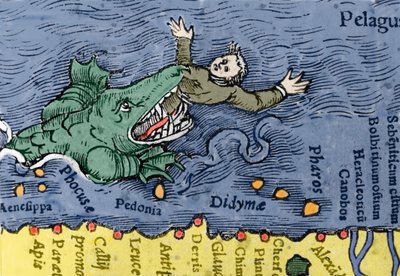 Potwór morski jedzący człowieka, ilustracja z „Historii Animalium” Conrada Gesnera autorstwa Swiss School