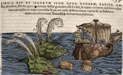 Morskie potwory, ilustracja z „Historii Animalium” Conrada Gesnera autorstwa Swiss School