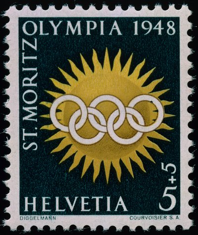 Znaczek upamiętniający Zimowe Igrzyska Olimpijskie w 1948 r. autorstwa Swiss School
