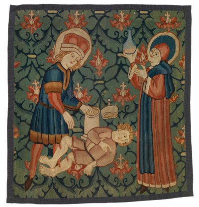 Fragment gobelinu przedstawiający św. Kosmę i św. Damiana autorstwa Swiss School