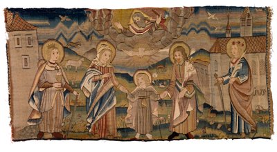 Panel gobelinowy przedstawiający św. Barbarę, Marię Pannę, Trójcę Świętą, św. Józefa i św. Katarzynę lub Wcielenie ze św. Barbarą i Katarzyną autorstwa Swiss School