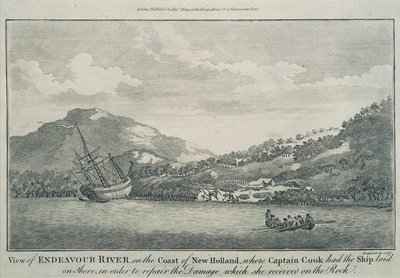 Kapitan Cook, który rozbił się podczas swojej podróży dookoła świata, naprawił Endeavour w porcie na jednej z Wysp Nadziei, ok. 1786 r. (rycina) autorstwa Sydney (after) Parkinson