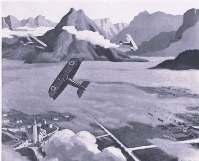 Brytyjscy zwiadowcy opuszczający lotnisko na patrolu nad płaskowyżem Asiago we Włoszech, z publikacji British Adventure wydanej przez Collins, 1947 autorstwa Sydney Carline