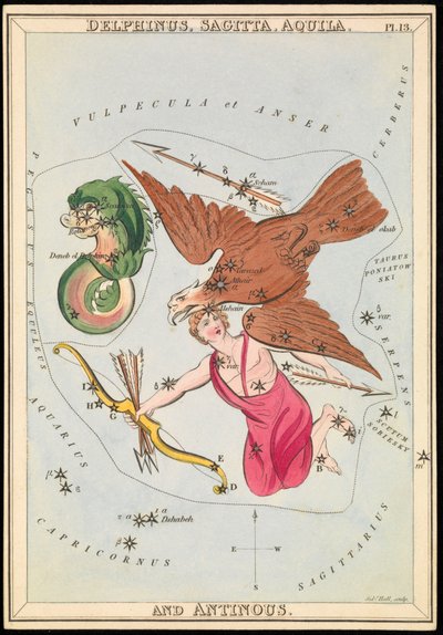 Delphinus, Sagitta, Aquila i Antinous, ok. 1825 (karta, papier, bibułka) autorstwa Sydney Hall