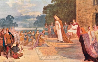 Król Edgar z królową Elfridą otrzymującą hołd ośmiu książąt-lenników w Chester, 973 rne autorstwa Sydney Herbert