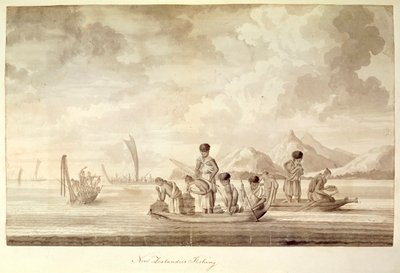 Add.23920, f.44 Nowozelandczycy łowienie ryb, styczeń 1770 r. autorstwa Sydney Parkinson