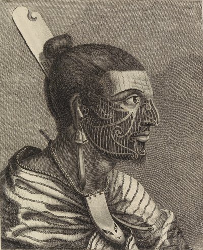 Głowa Nowozelandczyka z grzebieniem we włosach. autorstwa Sydney Parkinson
