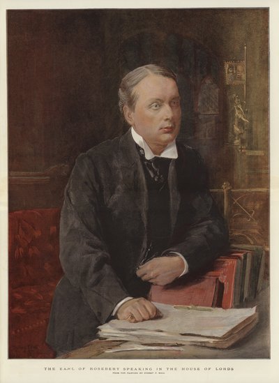 Earl of Rosebery przemawia w Izbie Lordów (kolor lito) autorstwa Sydney Prior (after) Hall