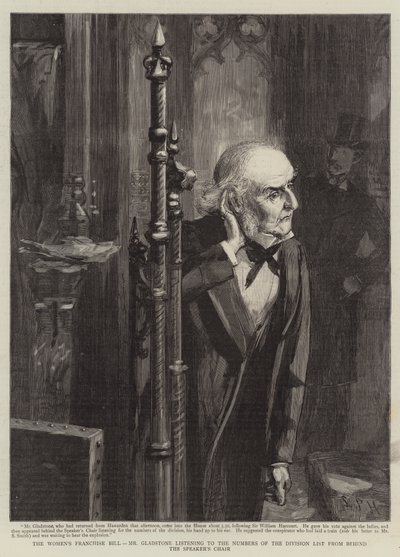 Ustawa o franczyzie kobiet, pan Gladstone słuchający listy Liczb z dywizji zza fotela marszałka (rycina) autorstwa Sydney Prior (after) Hall