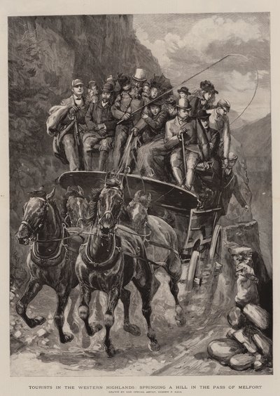 Turyści na Wyżynach Zachodnich, wznoszący się na wzgórzu w przełęczy Melfort (rycina) autorstwa Sydney Prior (after) Hall