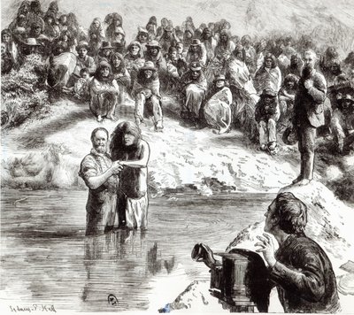Chrzest Indian północnoamerykańskich — mormoni pozujący na apostołów Chrystusa, 1892 r. autorstwa Sydney Prior Hall