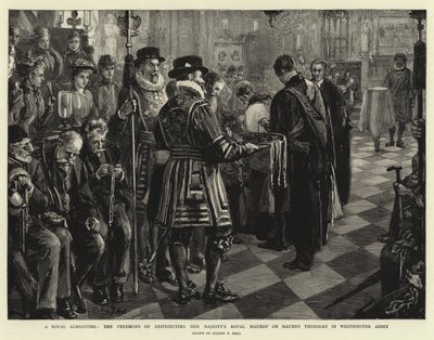 Królewska Jałmużna, ceremonia rozdawania Królewskiej Mości Jej Królewskiej Mości w Wielki Czwartek w Opactwie Westminsterskim autorstwa Sydney Prior Hall