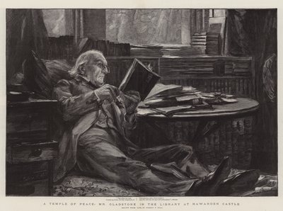 Świątynia Pokoju, pan Gladstone w Bibliotece w zamku Hawarden autorstwa Sydney Prior Hall