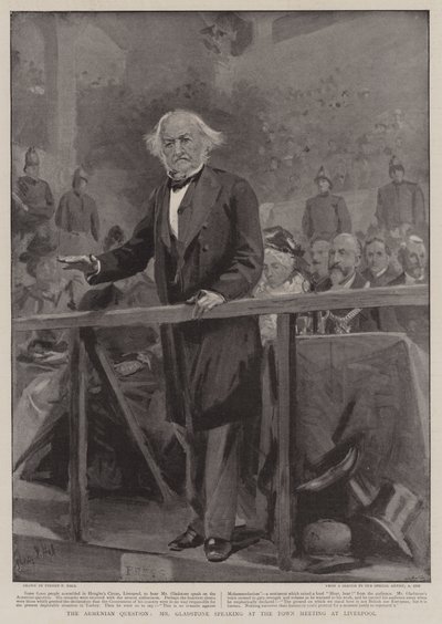 Kwestia Aremenii, pan Gladstone przemawiający na zebraniu miejskim w Liverpoolu autorstwa Sydney Prior Hall