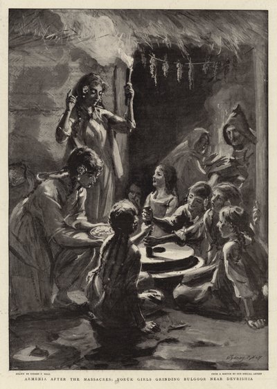 Armenia po masakrach, Yoruk Girls mielą Bulgoor w pobliżu Devrisia autorstwa Sydney Prior Hall