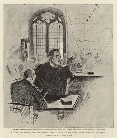 W obliczu muzyki, pan Cecil Rhodes jest przesłuchiwany przez południowoafrykański komitet śledczy autorstwa Sydney Prior Hall