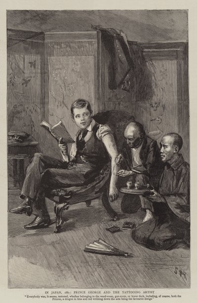W Japonii, 1881, Prince George i artysta tatuażu autorstwa Sydney Prior Hall