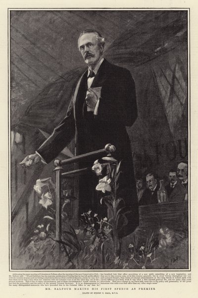 Pan Balfour wygłasza swoje pierwsze przemówienie jako premier autorstwa Sydney Prior Hall