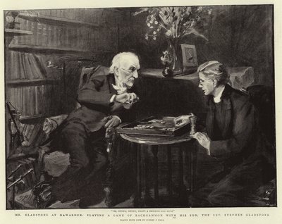 Pan Gladstone w Hawarden, gra w tryktraka ze swoim synem, wielebnym Stephenem Gladstonem autorstwa Sydney Prior Hall