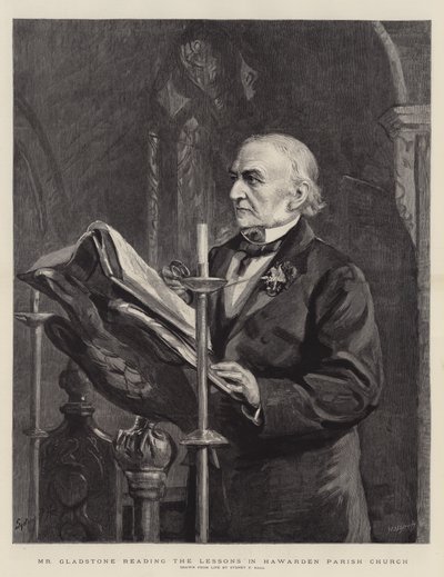 Pan Gladstone czytający Lekcje w kościele parafialnym w Hawarden autorstwa Sydney Prior Hall