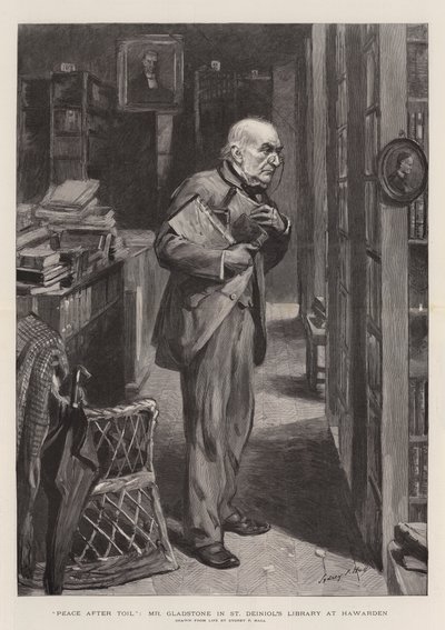 Pokój po trudach, pan Gladstone w Bibliotece św. Deiniola w Hawarden autorstwa Sydney Prior Hall
