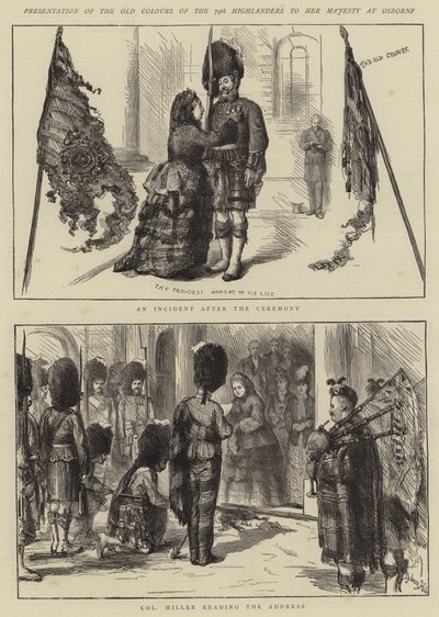 Prezentacja Old Colours z 79th Highlanders do Jej Królewskiej Mości w Osborne autorstwa Sydney Prior Hall